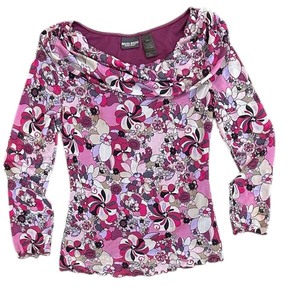 Y2k Bisou Bisou Psychedelic Floral Scoop Neck Blouse - Picture 1 of 6